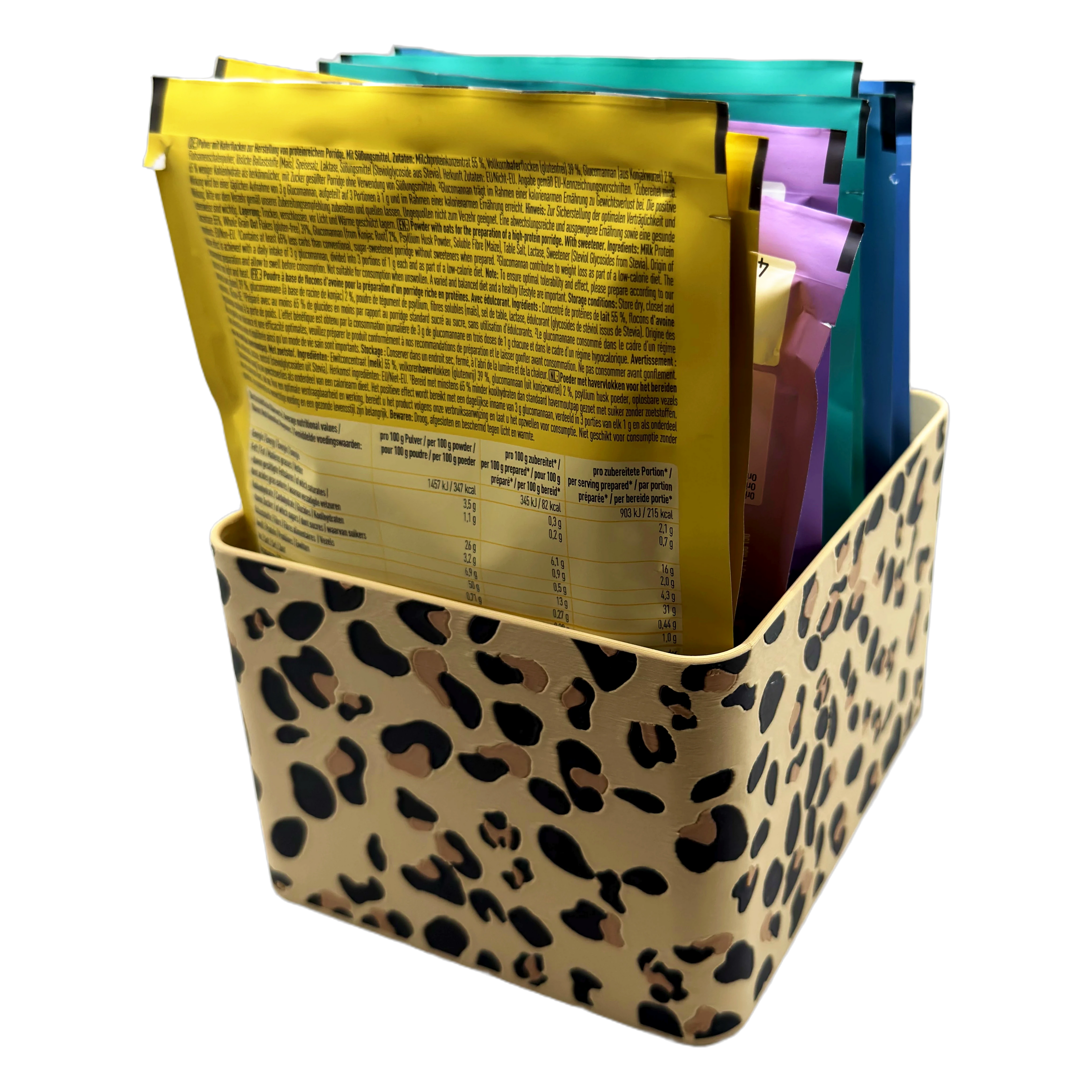 Sachet Box Leopard – 3D-printed storage box for portion sachets – product view 4