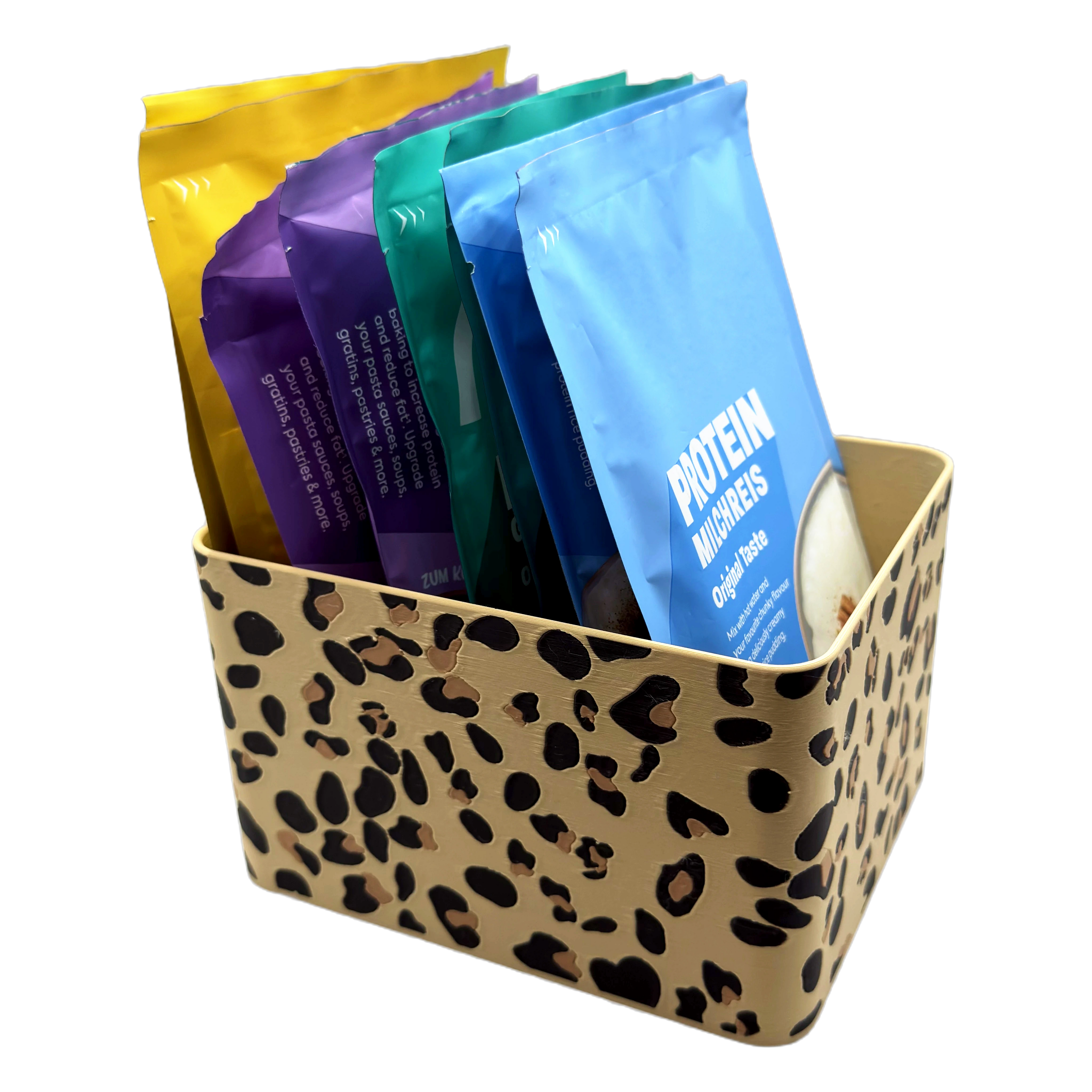 Sachet Box Leopard – 3D-printed storage box for portion sachets – product view 2
