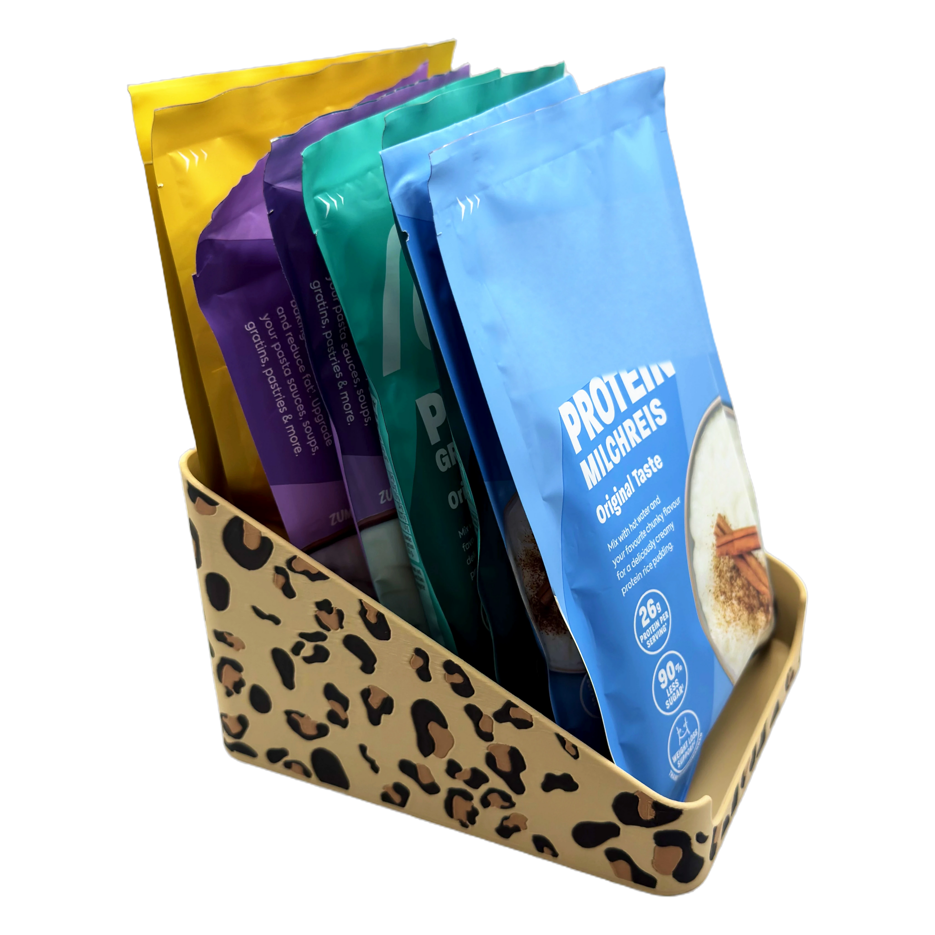 Sachet Box Leopard – 3D-printed storage box for portion sachets – product view 2
