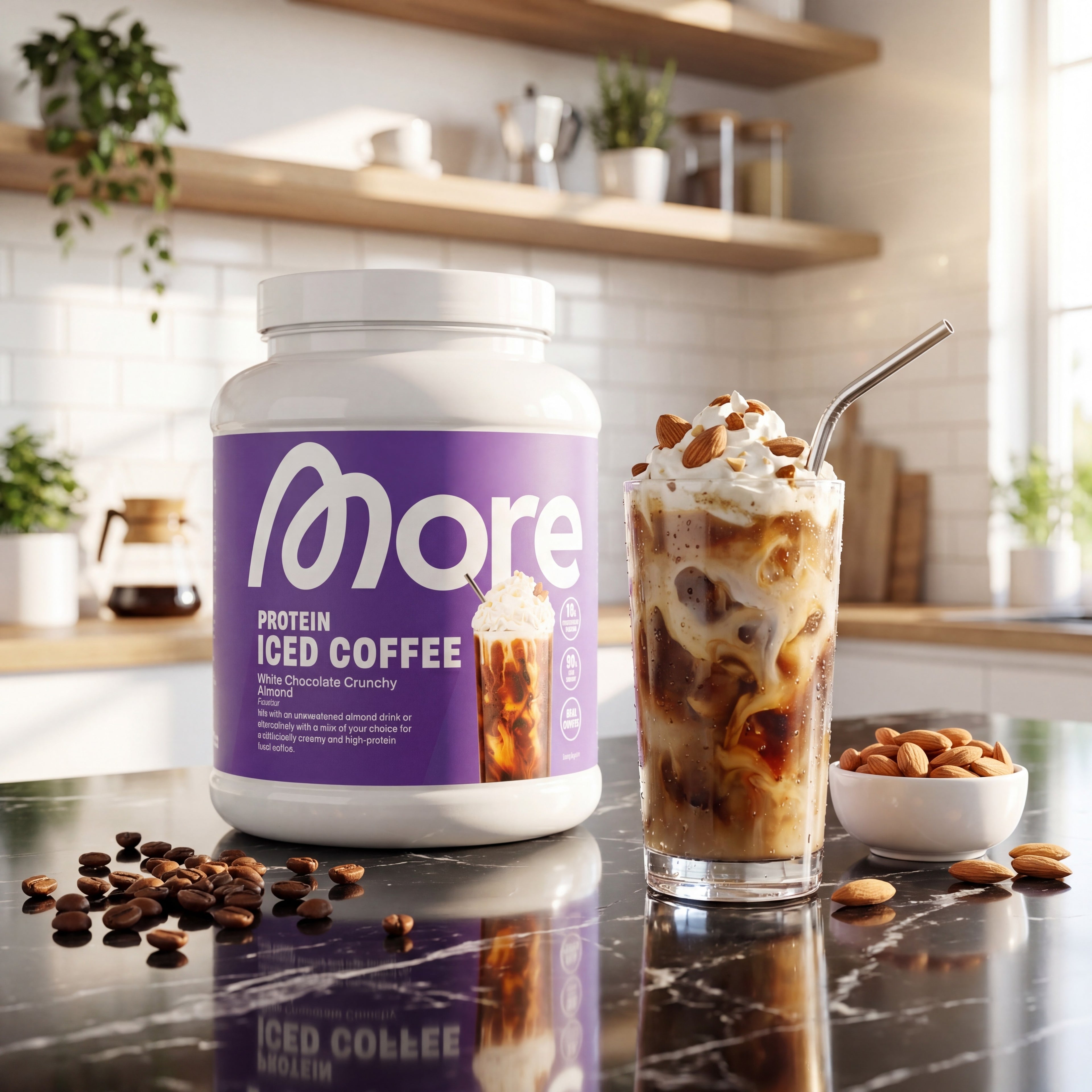 Protein Iced Coffee White Chocolate Crunchy Almond – High-Protein-Eiskaffee-polvo von More Nutrition