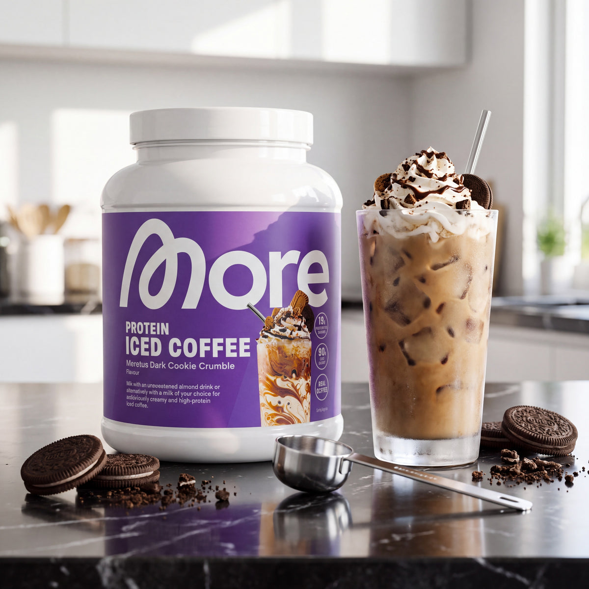 Protein Iced Coffee Moretus Dark Cookie Crumble – Whey-Eiskaffee Dose 500 g