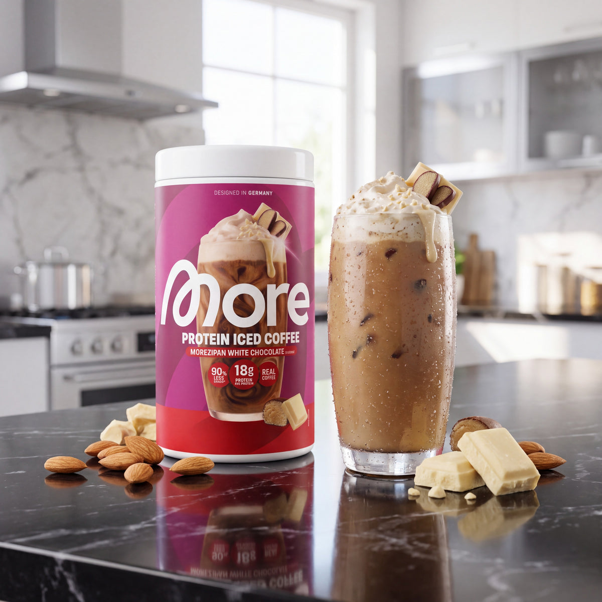 Protein Iced Coffee Morezipan White Chocolate – whey iced coffee tin 500 g